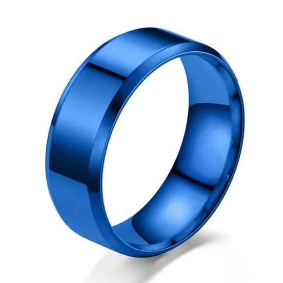 Blue Stainless Steel Beveled Edge 8mm Band Glossy Lightweight Comfy Ring - Picture 2 of 6